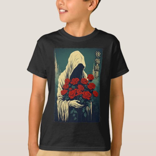 Ghost Holding Red Roses Halloween Sad Aesthetic St T_Shirt