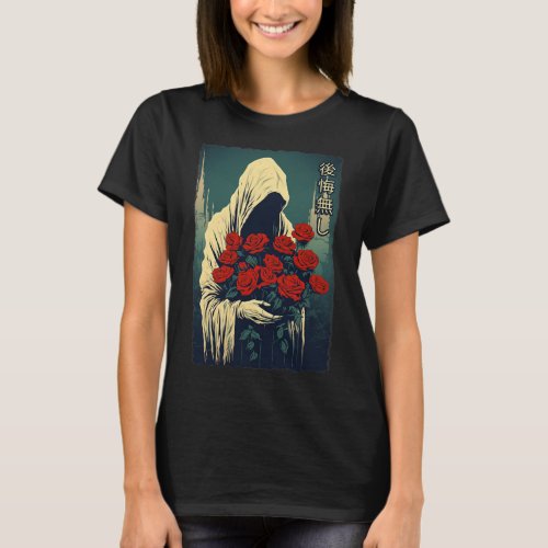 Ghost Holding Red Roses Halloween Sad Aesthetic St T_Shirt