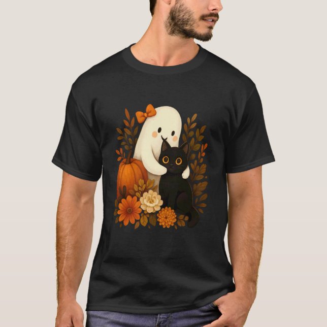 Ghost Hugging Cat Surrounded by Pumpkins Halloween T-Shirt (Front)