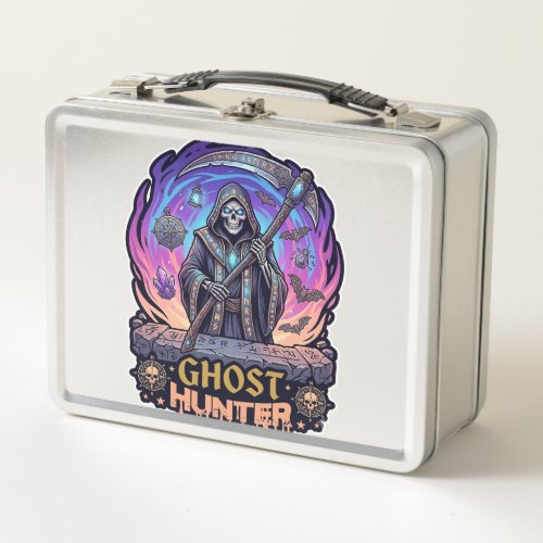 Ghost Hunter Grim Reaper Skeleton Scythe Purple Fl Metal Lunch Box