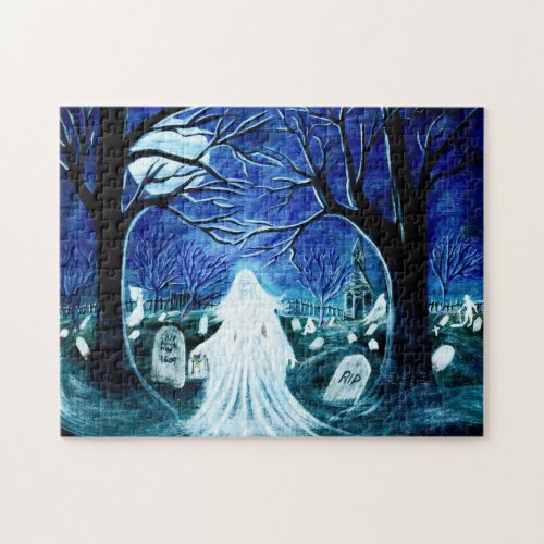 Ghost in a graveyard Halloween jigsaw puzzle