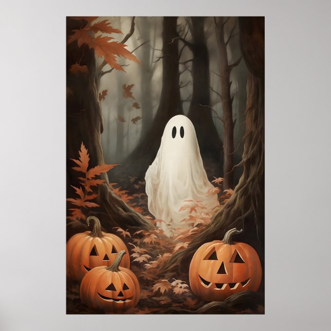 Ghost In Fall Woods With Pumpkins, Dark Academia Poster (Front)