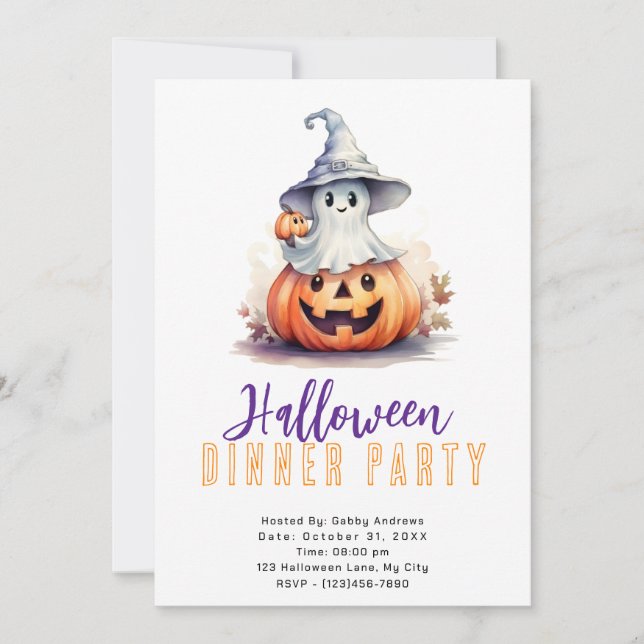 Ghost in Gray Witches Hat Halloween Dinner Party Invitation (Front)