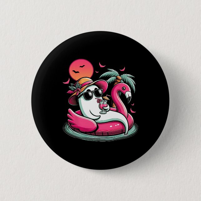 Ghost In Lifebuoy Flamingo On A Pool Float Summer  Button (Front)