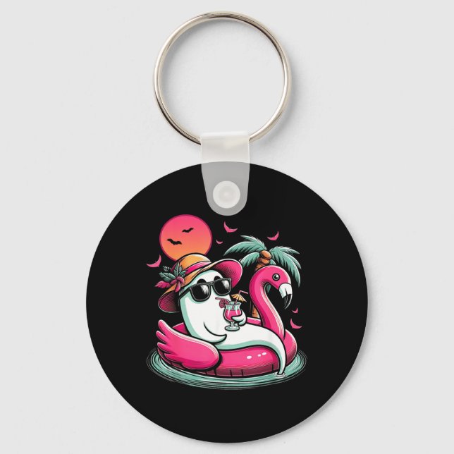 Ghost In Lifebuoy Flamingo On A Pool Float Summer Keychain (Front)