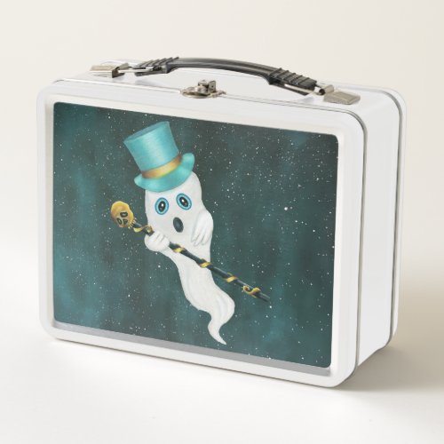 Ghost in Starry Night Sky Silly Face Top Hat Skull Metal Lunch Box
