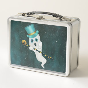 Ghost in Starry Night Sky Silly Face Top Hat Skull Metal Lunch Box
