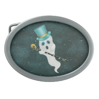 Ghost in Starry Night Sky Top Cat Gold Skull Cane Belt Buckle