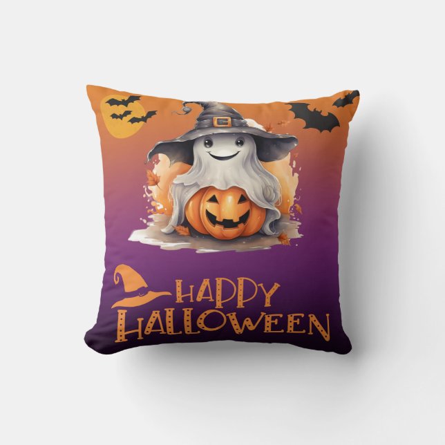 Ghost in Witches Hat Jack-O' Lantern Halloween Throw Pillow (Front)