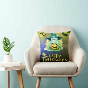 Ghost in Witches Hat Jack-O' Lantern Halloween Throw Pillow