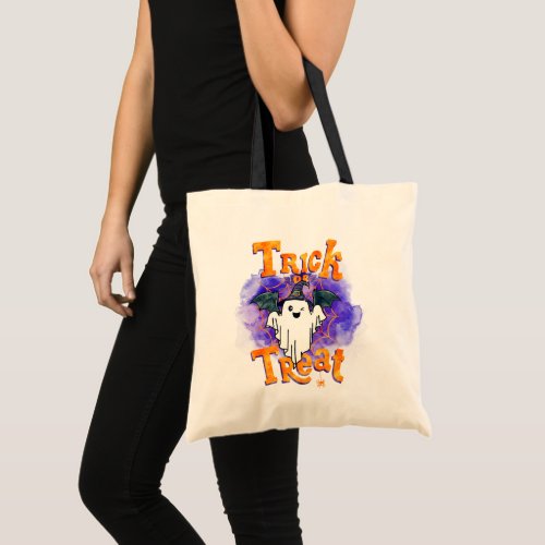 Ghost in Witches Hat Orange Trick or Treat Tote Bag