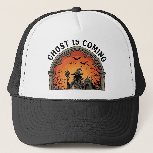 Ghost Is Coming Witch Graveyard Zombie Hands Hallo Trucker Hat (Front)