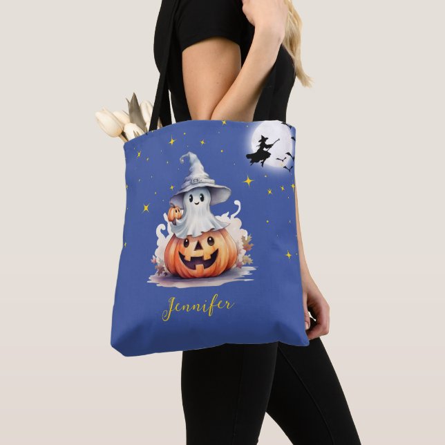 Ghost Jack-O' Lantern Full Moon Stars Halloween Tote Bag (Close Up)