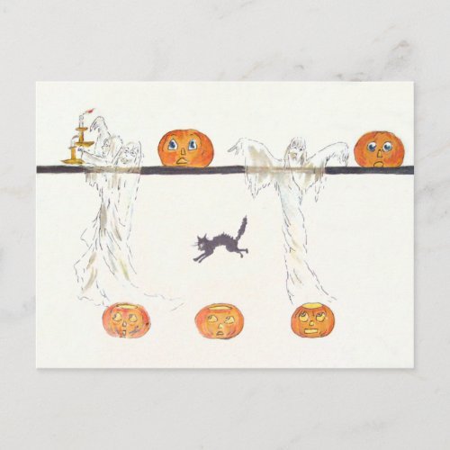Ghost Jack O Lantern Pumpkin Black Cat Postcard