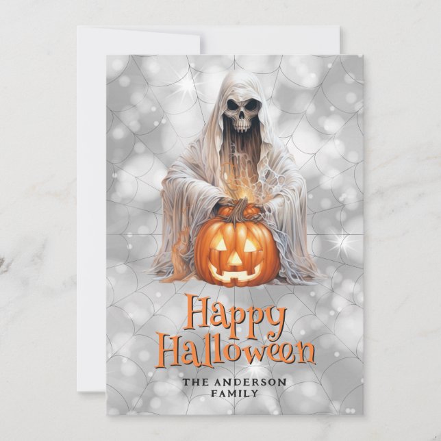 Ghost Jack O'Lantern Happy Halloween Card (Front)