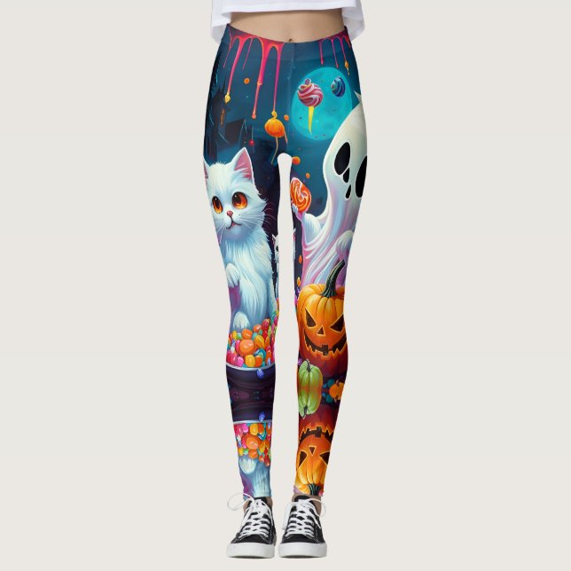 Ghost Kitten Pumpkin Candy Halloween Leggings (Front)