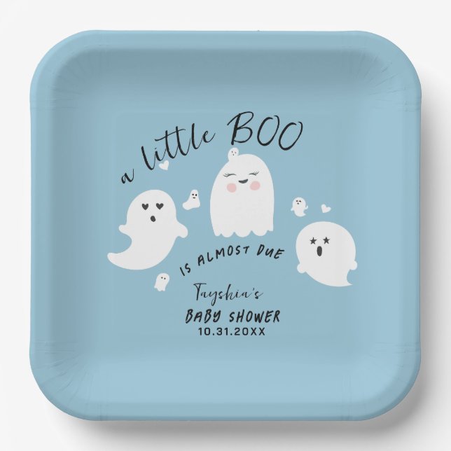 Ghost Little Boo Boy Halloween Baby Shower Paper Plates (Front)