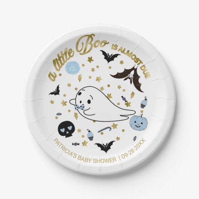 Ghost Little Boo Halloween Boy Baby Shower Paper Plates (Front)