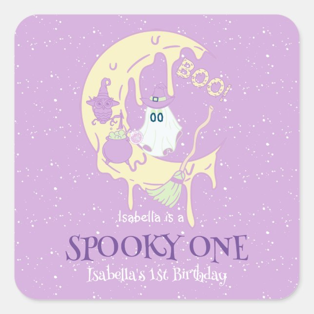 Ghost Moon Spooky One Halloween Birthday Favor Square Sticker (Front)