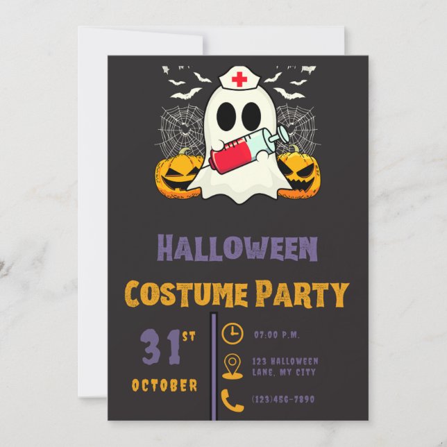 Ghost Nurse with Vile of Blood Black Halloween Invitation (Front)