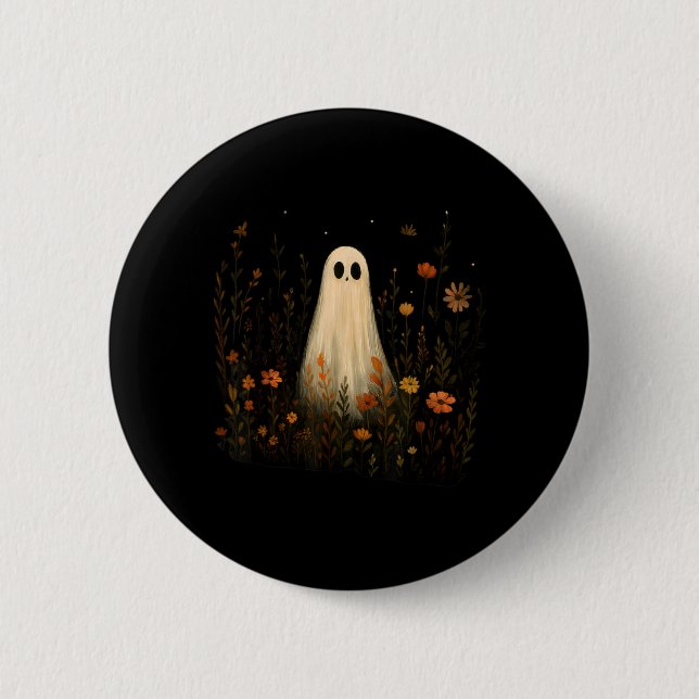 Ghost On A Flower Meadow Halloween Fall Design Button (Front)