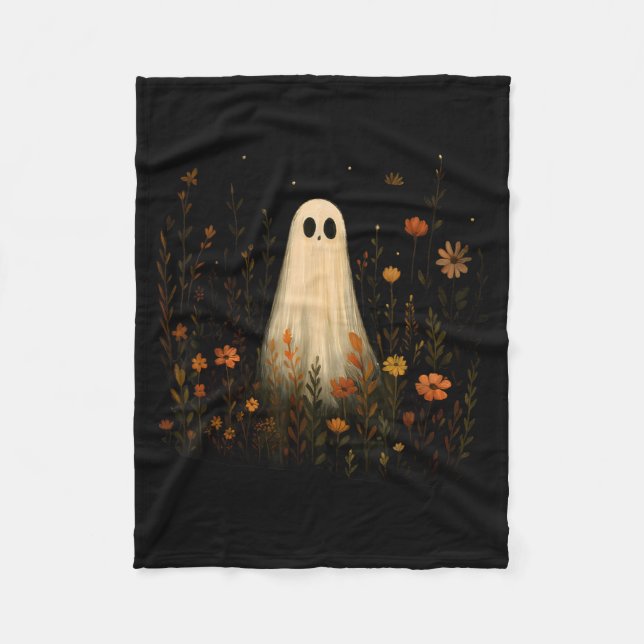 Ghost On A Flower Meadow Halloween Fall Design Fleece Blanket (Front)