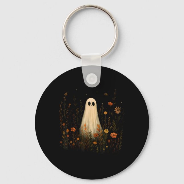 Ghost On A Flower Meadow Halloween Fall Design Keychain (Front)