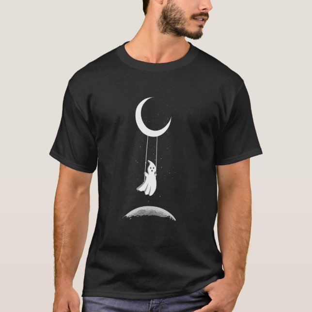 Ghost On Moon Swing  Spooky Creepy Halloween T-Shirt (Front)