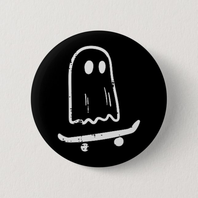 Ghost On Skateboard Fun Retro Halloween Costume Bo Button (Front)