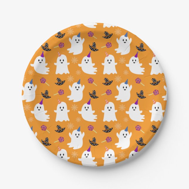 Ghost Orange Pattern Halloween Birthday Party Kids Paper Plates (Front)