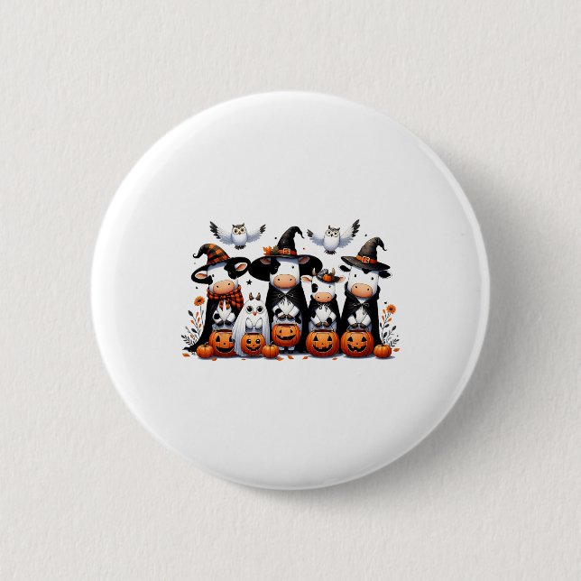 Ghost Owls Cows Halloween Animals Cow Lover Spooky Button (Front)