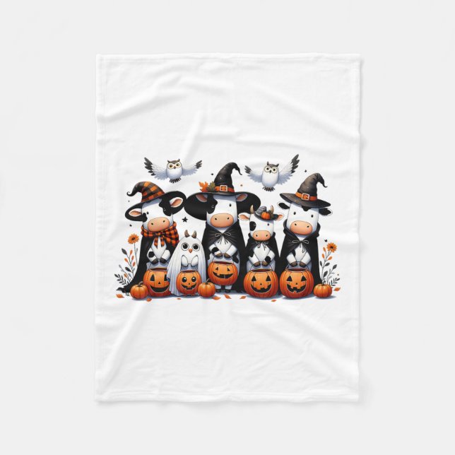 Ghost Owls Cows Halloween Animals Cow Lover Spooky Fleece Blanket (Front)