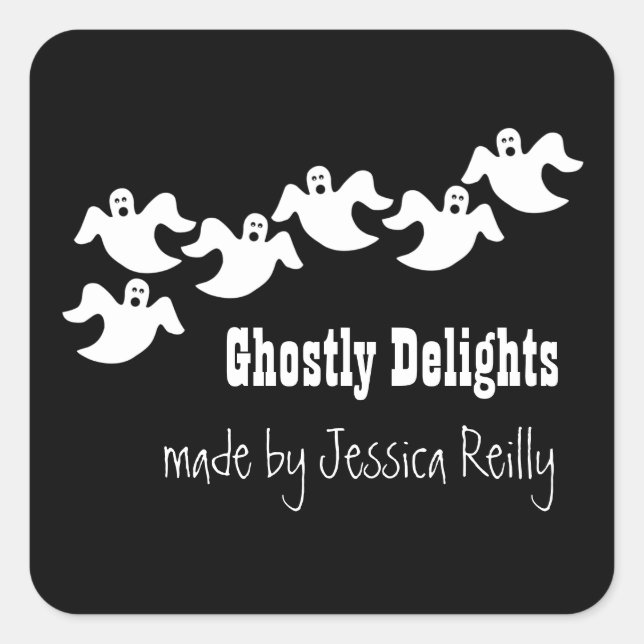 Ghost Party Halloween Baking Stickers, Black Square Sticker (Front)