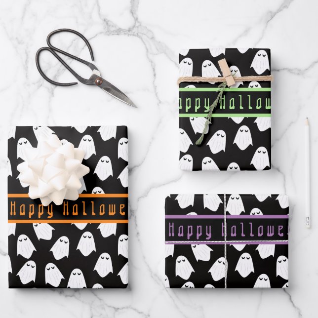 Ghost Pattern Happy Halloween Custom Text Wrapping Paper Sheets (Front)