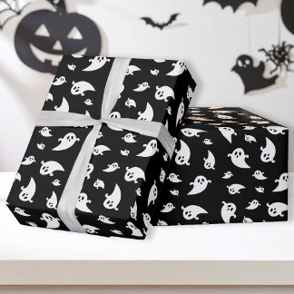 Ghost Pattern On Black Cute Playful Halloween Wrapping Paper