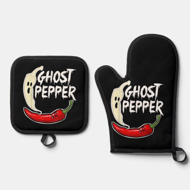 Ghost Pepper Funny Spicy Hot Halloween Ghost Peppe Oven Mitt & Pot Holder Set (Front)