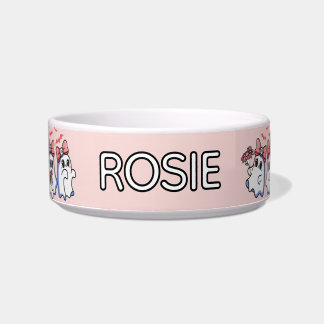 Ghost Pink Bow Custom Halloween Dog Bowl