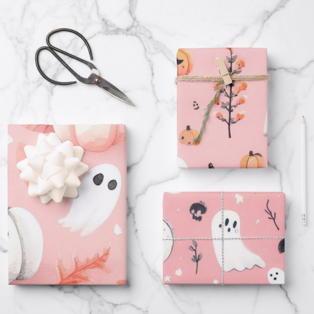 Ghost pink Helloween  Wrapping Paper Sheets (Front)