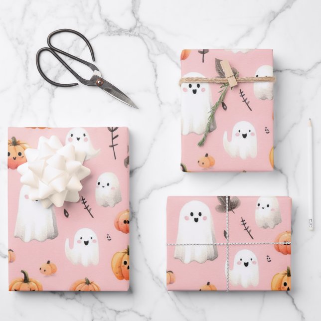 Ghost pink Helloween  Wrapping Paper Sheets (Front)