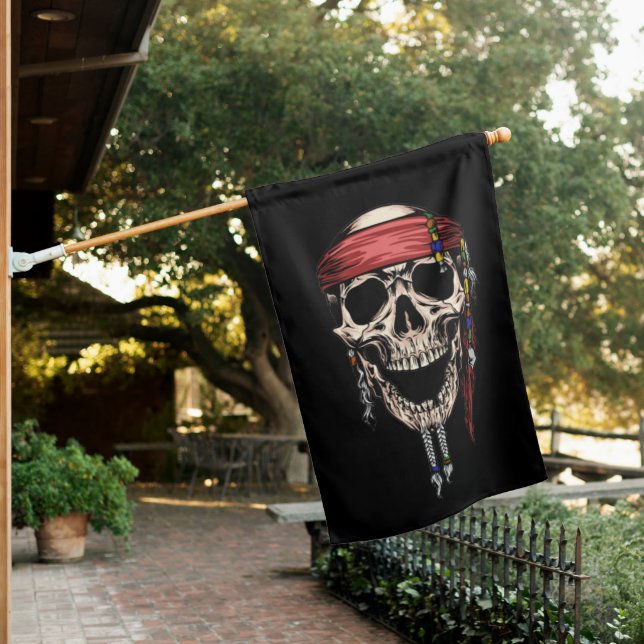 Ghost Pirate Skull Royal Black House Flag (In SItu)