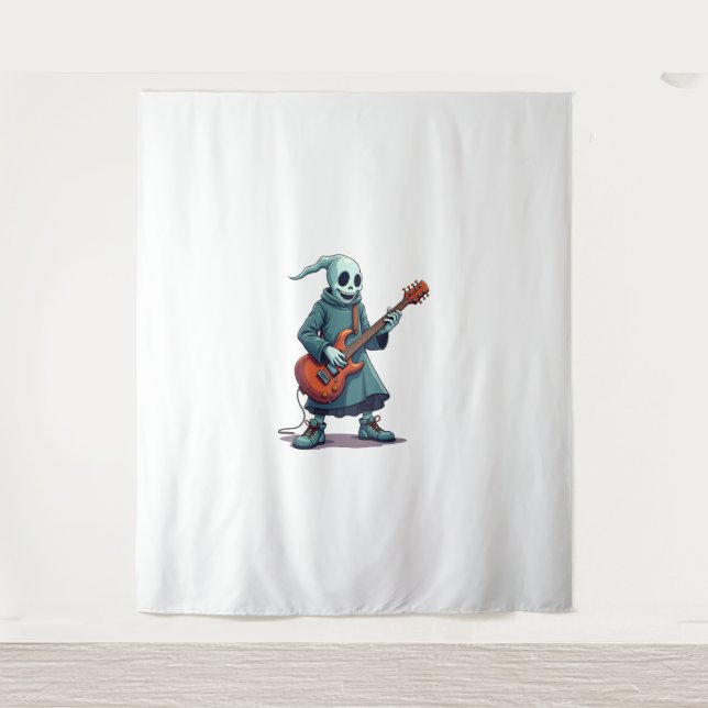 Ghost Playing Guitar – Spooky Music Halloween Tee Tapestry (Front)