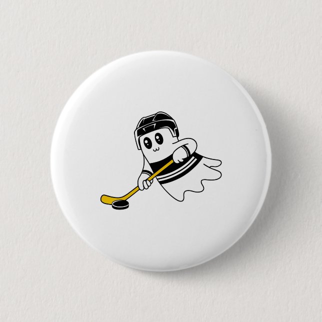 Ghost Playing Ice Hockey Halloween Costume Sports  Button (Front)
