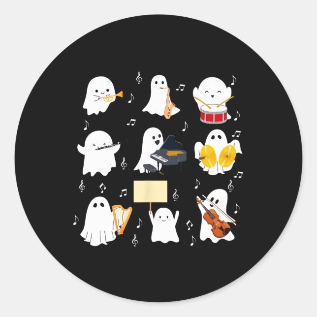 Ghost Playing Musical Instruments Halloween Music  Classic Round Sticker (Front)