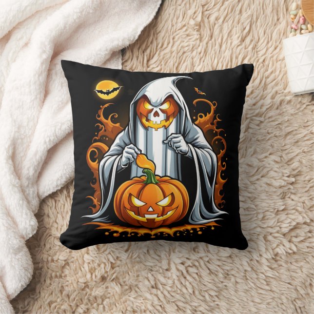 Ghost preps pumpkins for Halloween! Throw Pillow (Blanket)