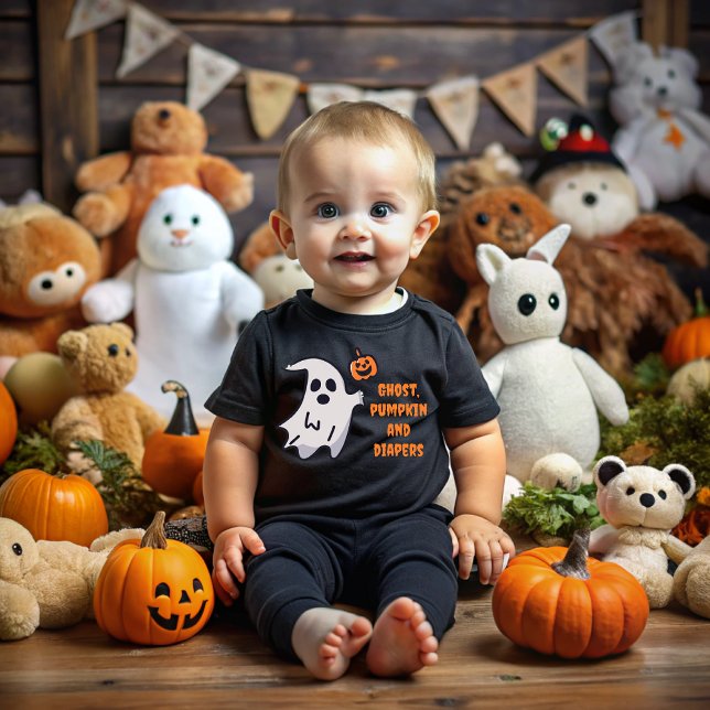 Ghost, pumpkin and diapers on Halloween Baby T-Shirt (Creator Uploaded)