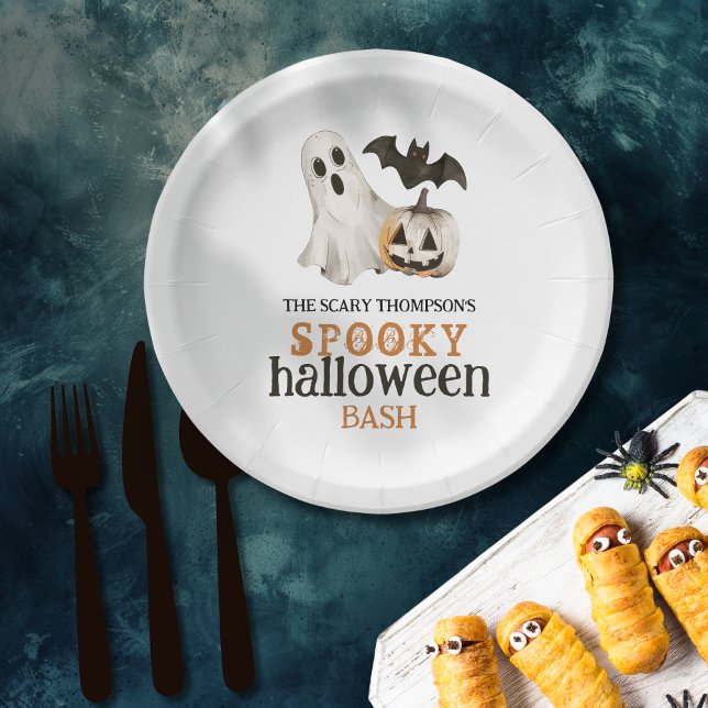 Ghost Pumpkin Bat Name Spooky Halloween Bash  Paper Plates (Creator Uploaded)