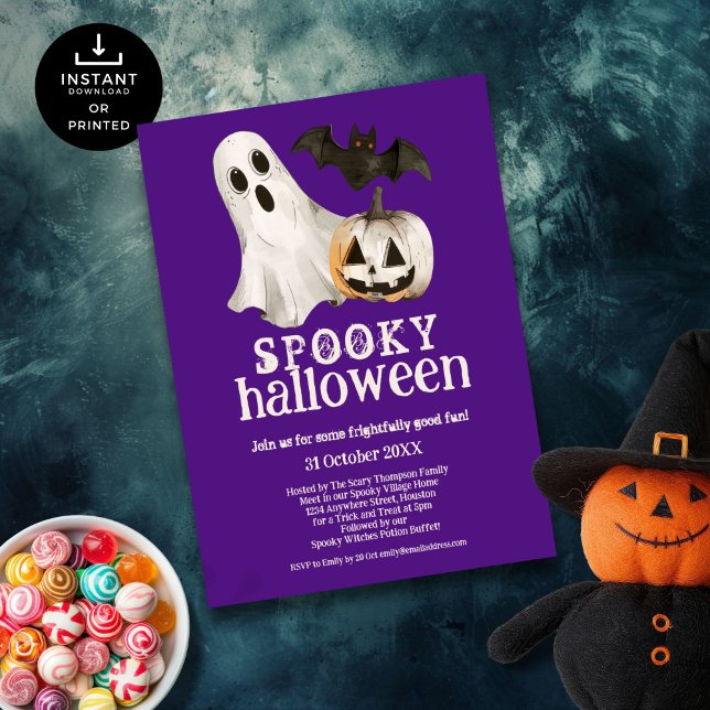 Ghost Pumpkin Bat Spooky Halloween Purple Invitation (Creator Uploaded)