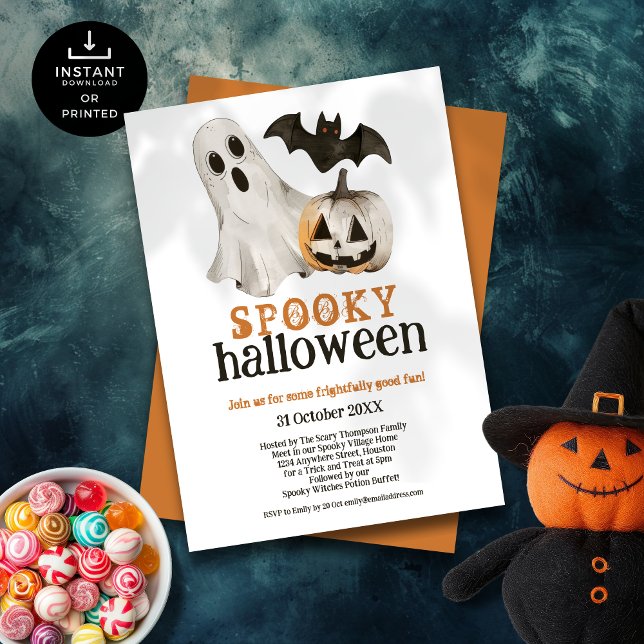 Ghost Pumpkin Bat Spooky Halloween White Invitation (Front and back view)