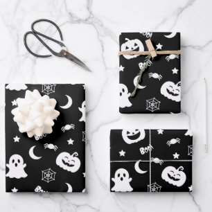 Ghost Pumpkin Spider Moon Black Halloween Pattern Wrapping Paper Sheets