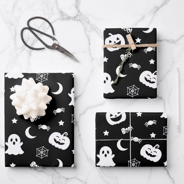 Ghost Pumpkin Spider Moon Black Halloween Pattern Wrapping Paper Sheets (Front)